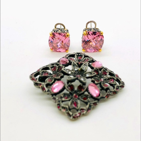 Vintage Pink Rock Candy Crystal Earrings & Brooch - Picture 6 of 10